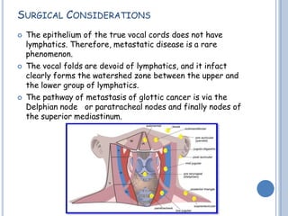 SURGICAL CONSIDERATIONS
 The epithelium of the true vocal cords does not have
lymphatics. Therefore, metastatic disease is a rare
phenomenon.
 The vocal folds are devoid of lymphatics, and it infact
clearly forms the watershed zone between the upper and
the lower group of lymphatics.
 The pathway of metastasis of glottic cancer is via the
Delphian node or paratracheal nodes and finally nodes of
the superior mediastinum.
 