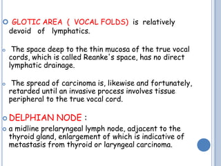  GLOTIC AREA ( VOCAL FOLDS) is relatively
devoid of lymphatics.
 The space deep to the thin mucosa of the true vocal
cords, which is called Reanke's space, has no direct
lymphatic drainage.
 The spread of carcinoma is, likewise and fortunately,
retarded until an invasive process involves tissue
peripheral to the true vocal cord.
 DELPHIAN NODE :
 a midline prelaryngeal lymph node, adjacent to the
thyroid gland, enlargement of which is indicative of
metastasis from thyroid or laryngeal carcinoma.
 