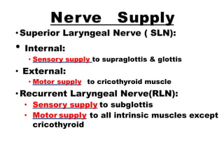 Nerve Supply
•Superior Laryngeal Nerve ( SLN):
• Internal:
• Sensory supply to supraglottis & glottis
• External:
• Motor supply to cricothyroid muscle
•Recurrent Laryngeal Nerve(RLN):
• Sensory supply to subglottis
• Motor supply to all intrinsic muscles except
cricothyroid
 
