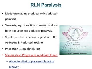 RLN Paralysis
• Moderate trauma produces only abductor
paralysis.
• Severe injury or section of nerve produces
both abductor and adductor paralysis.
• Vocal cords lies in cadaveric position – Bet
Abducted & Adducted position
• Phonation is completely lost
• Semon's law: Progressive moderate lesion
– Abductor: first to paralyzed & last to
recover
 