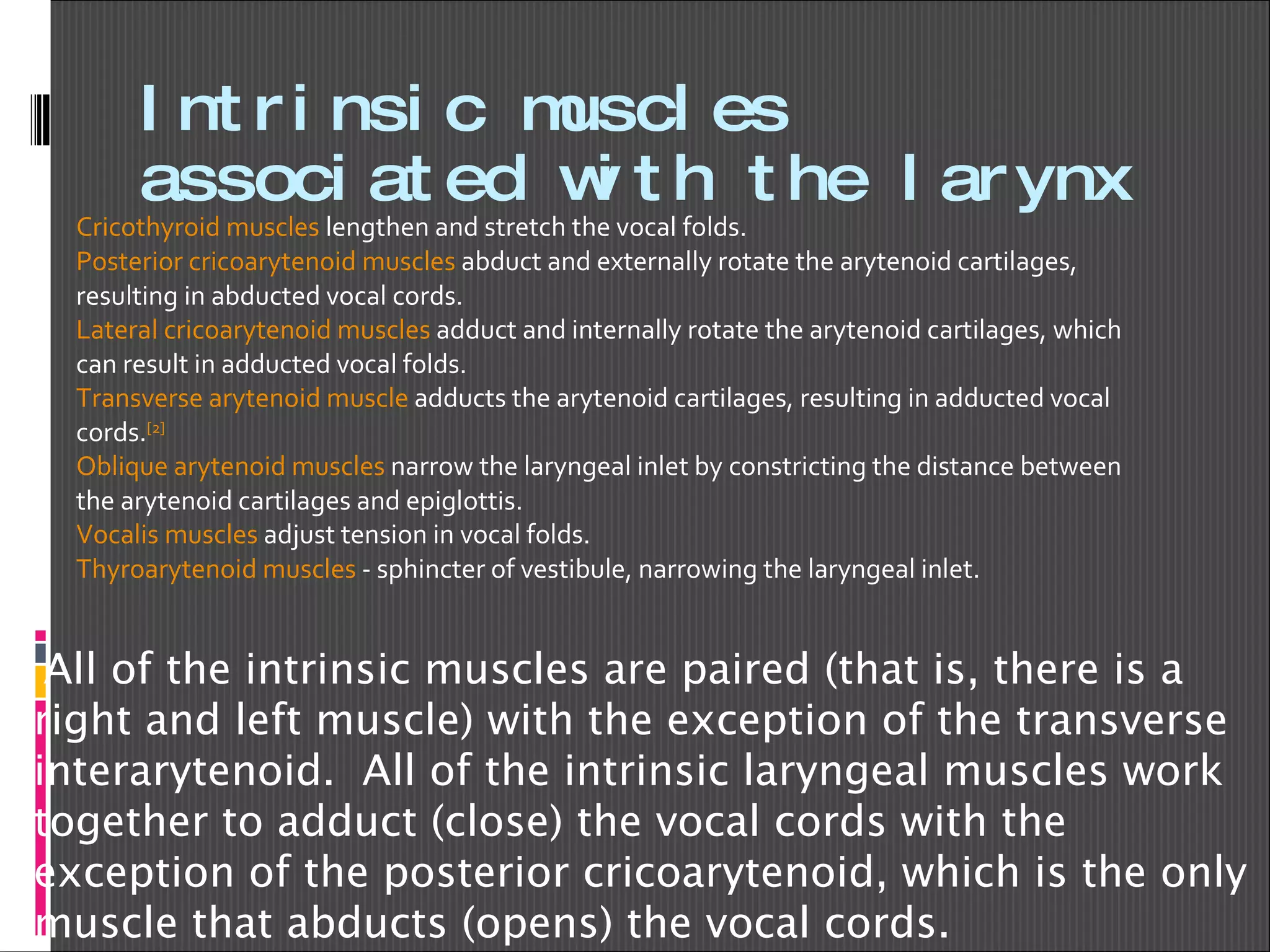 Intrinsic muscles associated with the larynx Cricothyroid muscles  lengthen and stretch the vocal folds. Posterior cricoarytenoid muscles  abduct and externally rotate the arytenoid cartilages, resulting in abducted vocal cords. Lateral cricoarytenoid muscles  adduct and internally rotate the arytenoid cartilages, which can result in adducted vocal folds. Transverse arytenoid muscle  adducts the arytenoid cartilages, resulting in adducted vocal cords. [2] Oblique arytenoid muscles  narrow the laryngeal inlet by constricting the distance between the arytenoid cartilages and epiglottis. Vocalis muscles  adjust tension in vocal folds. Thyroarytenoid muscles  - sphincter of vestibule, narrowing the laryngeal inlet. All of the intrinsic muscles are paired (that is, there is a right and left muscle) with the exception of the transverse interarytenoid.  All of the intrinsic laryngeal muscles work together to adduct (close) the vocal cords with the exception of the posterior cricoarytenoid, which is the only muscle that abducts (opens) the vocal cords.   