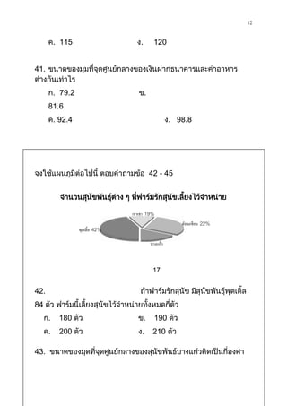 12

      ค. 115                       ง.          120


41. ขนาดของมุมที่จุดศูนย์กลางของเงินฝากธนาคารและค่าอาหาร
ต่างกันเท่าไร
      ก. 79.2                        ข.
      81.6
      ค. 92.4                                        ง. 98.8




จงใช้แผนภูมิต่อไปนี้ ตอบคาถามข้อ 42 - 45


         จานวนสุนัขพันธุตาง ๆ ทีฟาร์มรักสุนขเลียงไว้จาหน่าย
                        ์ ่     ่          ั   ้

                                 เชาเชา   19%
                                                         ดัลเมเชียน   22%
                พุดเดิ้ล   42%
                                           บางแก้ว
                                           1

                                            17
                                            %
42.                                  ถ้าฟาร์มรักสุนัข มีสุนัขพันธุ์พุดเดิ้ล
84 ตัว ฟาร์มนี้เลี้ยงสุนัขไว้จาหน่ายทั้งหมดกี่ตัว
   ก.    180 ตัว                    ข.         190 ตัว
   ค.    200 ตัว                    ง.      210 ตัว

43. ขนาดของมุดที่จุดศูนย์กลางของสุนัขพันธ์บางแก้วคิดเป็นกี่องศา
 