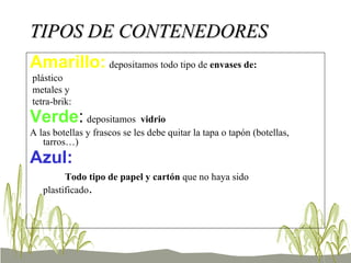 TIPOS DE CONTENEDORES Amarillo:   depositamos todo tipo de  envases de: plástico  metales y tetra-brik:  Verde :   depositamos  vidrio   A las botellas y frascos se les debe quitar la tapa o tapón (botellas, tarros…)  Azul:   Todo tipo de papel y cartón  que no haya sido  plastificado .   
