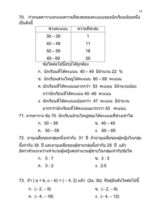 19
70. กาหนดตาราแจกแจงความถี่สะสมของคะแนนของนักเรียนห้องหนึ่ง
เป็นดังนี้
            ช่วงคะแนน      ความถี่สะสม
                30 – 39                 1
                40 – 49                11
                50 – 59                18
                 60 - 69                20
              ข้อใดต่อไปนี้สรุปได้ถูกต้อง
           ก. นักเรียนที่ได้คะแนน 40 – 49 มีจานวน 22 %
           ข. นักเรียนส่วนใหญ่ได้คะแนน 60 – 69 คะแนน
           ค. นักเรียนที่ได้คะแนนมากกว่า 53 คะแนน มีจานวนน้อย
              กว่านักเรียนที่ได้คะแนน 40 -49 คะแนน
           ง. นักเรียนที่ได้คะแนนน้อยกว่า 47 คะแนน มีจานวน
              มากกว่านักเรียนที่ได้คะแนนมากกว่า 50 คะแนน
71. จากตาราง ข้อ 70 นักเรียนส่วนใหญ่สอบได้คะแนนที่ช่วงเท่าใด
           ก. 30 – 39                        ข. 40 – 49
           ค. 50 – 59                        ง. 60 – 69
72. อายุเฉลี่ยของกลุ่มหนึ่งเท่ากับ 31 ปี ถ้าอายุเฉลี่ยของผู้หญิงในกลุ่ม
นี้เท่ากับ 35 ปี และอายุเฉลี่ยของผู้ชายกลุ่มนี้เท่ากับ 25 ปี แล้ว
อัตราส่วนระหว่างจานวนผู้หญิงต่อจานวนผู้ชายในกลุ่มเท่ากับข้อใด
           ก. 5 : 7                          ข. 3 : 5
           ค. 3 : 2                          ง. 2:5


73. ถ้า ( a + b, c – b) = ( – 4, 2) แล้ว (2a, 3b) คือคู่อันดับใดต่อไปนี้

     ก. (– 2, – 9)                           ข. (– 2, – 6)
     ค. (– 4, – 18)                          ง. (– 4, – 12)
 