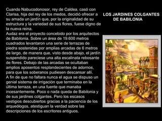 Cuando Nabucodonosor, rey de Caldea, casó con Clarisa, hija del rey de los medos, decidió ofrecer a su amada un jardín que, por la originalidad de su estructura y la variedad de sus flores, fuese digno de la nueva reina. Audaz era el proyecto concebido por los arquitectos de Babilonia. Sobre un área de 19.600 metros cuadrados levantaron una serie de terrazas de piedra sostenidas por amplias arcadas de 6 metros de largo, de manera que, visto desde abajo, el jardín suspendido pareciese una alta escalinata rebosante de flores. Debajo de las arcadas se ocultaban amplios aposentos resplandecientes de adornos, para que los soberanos pudiesen descansar allí. A fin de que no faltara nunca el agua se dispuso un genial sistema de irrigación que terminaba en la última terraza, en una fuente que manaba incesantemente. Poco o nada queda de Babilonia y de sus jardines colgantes. Pero los escasos vestigios descubiertos gracias a la paciencia de los arqueólogos, atestiguan la verdad sobre las descripciones de los escritores antiguos. LOS JARDINES COLGANTES DE BABILONIA   