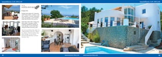 ref. 176
     SANTA EULALIA
     € 995.000,-

     Soleada villa urbana de 2 viviendas
     238m² total 4 dorm., 4 baños, 2 salo-
     nes-comedor, 2 cocinas, chimeneas,
     calef., A/A, garaje, 1.022m² terreno,
     vistas fascinantes al mar, piscina

     Sunlit villa 238m² with 2 living units
     total 4 beds, 2 lounges, 4 baths,
     2 kitchens, fireplaces, heating, air
     cond., garage, 1,022m² plot, fasci-
     nating sea views & terraces, pool

     Von Licht durchflutete Villa 238m² mit
     2 Wohneinheiten total 4 SZ, 2 Wohn-/
     EZ, 4 Bäder, 2 Küchen, Kamine, Hzg.,
     Klima, Garage, 1.022m² Grund,
     faszinierender Meerblick, herrliche
     Terrassen, Pool




18                                            19
 