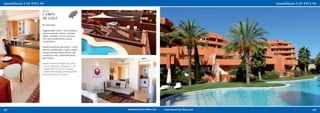 ref. 155
     CAMPO
     DE GOLF
     € 320.000,-

     Elegante ático 126m² + 121m² terrazas,
     piscina privada, 2 dorm., 2 baños,
     salón, comedor, cocina, ascensor,
     A/A, piscina/gimnasio y sauna
     comunitarios

     Stylish penthouse flat 126m² + 121m²
     terraces, private pool, 2 beds, 2 baths,
     living & dining rooms, kitchen, lift,
     central air cond., community pool/
     gym/sauna

     Aparte Penthouse-Wohnung 126m²
     + 121m² Terrassen, Privatpool, 2 SZ,
     2 Bäder, WZ, EZ, Küche, Aufzug,
     zentrale Klimaanlage, Gemeinschafts-
     pool/-Fitnessraum/-Sauna




42                                              43
 