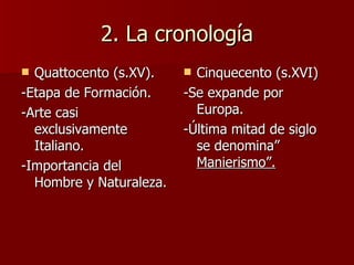 2. La cronología Quattocento (s.XV). -Etapa de Formación. -Arte casi exclusivamente Italiano. -Importancia del Hombre y Naturaleza. Cinquecento (s.XVI) -Se expande por Europa. -Última mitad de siglo se denomina”  Manierismo”. 