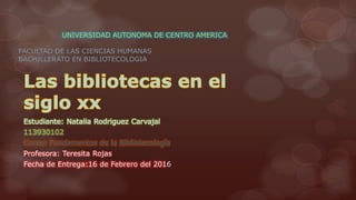 113930102
Curso: Fundamentos de la Bibliotecología
Profesora: Teresita Rojas
Fecha de Entrega:16 de Febrero del 2016
UNIVERSIDAD AUTONOMA DE CENTRO AMERICA
 