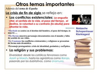 Otros temas importantes Además del  tema de España La crisis de fin de siglo  se refleja en:  Los conflictos existenciales :  La angustia vital, el sentido de la vida, el paso del tiempo  , el destino, la voluntad o su contrario (la abulia) para afrontar la vida.   La religión y sus problemas:  Diversidad: desde los católicos fervorosos como  Azorín  y  Maeztu  hasta los agnósticos como  Baroja , pasando por los dubitativos, como  Unamuno . Nietzsche Schopenhauer Kierkiegard Machado  se centra en el destino del hombre, el paso del tiempo, la muerte … Pío Baroja  muestra personajes descontentos con el mundo y falta de sentido de sus vidas. En Unamuno  los conflictos existenciales y religiosos se presentan de forma más dramática. Personaje protagonista: crisis de identidad, pesimista y escéptico. 