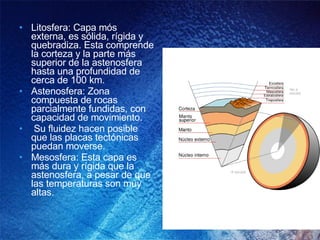 Litosfera: Capa mós externa, es sólida, rígida y quebradiza. Esta comprende la corteza y la parte más superior de la astenosfera hasta una profundidad de cerca de 100 km. Astenosfera: Zona compuesta de rocas parcialmente fundidas, con capacidad de movimiento. Su fluidez hacen posible que las placas tectónicas puedan moverse. Mesosfera: Esta capa es más dura y rígida que la astenosfera, a pesar de que las temperaturas son muy altas. 