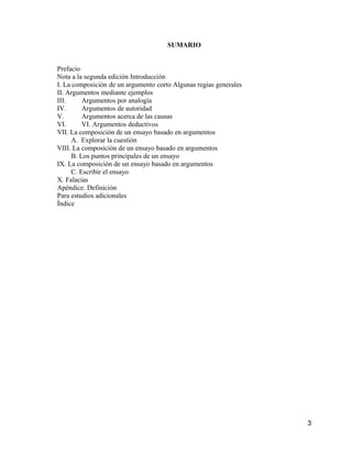 SUMARIO


Prefacio
Nota a la segunda edición Introducción
I. La composición de un argumento corto Algunas regias generales
II. Argumentos mediante ejemplos
III.      Argumentos por analogía
IV.       Argumentos de autoridad
V.        Argumentos acerca de las causas
VI.       VI. Argumentos deductivos
VII. La composición de un ensayo basado en argumentos
      A. Explorar la cuestión
VIII. La composición de un ensayo basado en argumentos
      B. Los puntos principales de un ensayo
IX. La composición de un ensayo basado en argumentos
      C. Escribir el ensayo
X. Falacias
Apéndice. Definición
Para estudios adicionales
Índice




                                                                   3
 