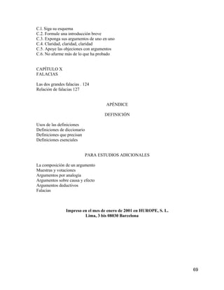 C.l. Siga su esquema
C.2. Formule una introducción breve
C.3. Exponga sus argumentos de uno en uno
C.4. Claridad, claridad, claridad
C.5. Apoye las objeciones con argumentos
C.6. No afurme más de lo que ha probado


CAPÍTULO X
FALACIAS

Las dos grandes falacias . 124
Relación de falacias 127


                                      APÉNDICE

                                     DEFINICIÓN

Usos de las definiciones
Definiciones de diccionario
Definiciones que precisan
Definiciones esenciales


                              PARA ESTUDIOS ADICIONALES

La composición de un argumento
Muestras y votaciones
Argumentos por analogía
Argumentos sobre causa y efecto
Argumentos deductivos
Falacias



                Impreso en el mes de enero de 2001 en HUROPE, S. L.
                         Lima, 3 bis 08030 Barcelona




                                                                      69
 