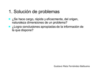 1. Solución de problemas ¿Se hace cargo, rápida y eficazmente, del origen, naturaleza dimensiones de un problema? ¿Logra conclusiones apropiadas de la información de la que dispone? 
