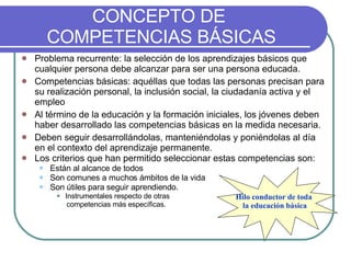 CONCEPTO DE  COMPETENCIAS BÁSICAS Problema recurrente: la selección de los aprendizajes básicos que cualquier persona debe alcanzar para ser una persona educada. Competencias básicas: aquéllas que todas las personas precisan para su realización personal, la inclusión social, la ciudadanía activa y el empleo Al término de la educación y la formación iniciales, los jóvenes deben haber desarrollado las competencias básicas en la medida necesaria. Deben seguir desarrollándolas, manteniéndolas y poniéndolas al día en el contexto del aprendizaje permanente. Los criterios que han permitido seleccionar estas competencias son: Están al alcance de todos Son comunes a muchos ámbitos de la vida Son útiles para seguir aprendiendo . Instrumentales respecto de otras  competencias más específicas. Hilo conductor de toda  la educación básica 