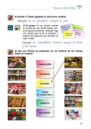 Manual de uso básico del Español



b) Escribe 5 frases siguiendo la estructura anterior.
  Ejemplo: En la panadería compro el pan.
        c) En grupo: En una tarjeta escribe
        el nombre de una tienda donde com-
        pras algunos productos. Después coge
        una tarjeta que te da tu profesor y
        explica los productos que compras en
        cada tienda.
       Ejemplo: En “Comestibles Nicolás” compro la leche
       y los huevos.
d) Une con flechas los productos con los nombres de las tiendas
donde se compran:




                        CARNICERÍA



                         PANADERÍA




                          FRUTERÍA



                          TIENDA
                      DE COMESTIBLES



                         FARMACIA




                        PESCADERÍA




                                                                          129
 