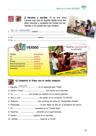 Manual de uso básico del Español



                           j) Escucha y escribe: Ili es una chica
                           rumana que vive en España desde hace dos
                           años. Escucha y completa las frases con las
                           tiendas y los productos que compra:

    En el mercado
1. ...................................... compra .............................................
...................................................................................................
2. En ........................................... compra ..      ............................................................
3. En.................................................................................................................................
        .


                                                                                                   Nosotras compramos en
                               VERBOS                                                                   la carnicería

  VERBO	                                   COMPRAR		
  Yo...................................... compro
  Tú..................................... compras
     .
  Él/ella. ............................... compra
  Nosotros/nosotras.        .............. compramos
  Vosotros/vosotras............... compráis
  Ellos/ella............................ compran		
                                                                                                                e.
                                                                                                          n carn
                                                                                                    compra
                                                                                             Halima
                                                                                    Sajida y


            k) Completa la frase con el verbo comprar:

                 compra
1. Riguang ..................................... en el supermercado “Pepe”.
2. Hamid y Faisal ...................................... una manta en el mercado.
3. Yo ........................... una tarjeta de teléfono en la tienda pakistaní.
4. Alan y Luís ................................. dos pollos en la carnicería “El Parrita”.
5. Audrone .................................. tres cartones de leche en “Comestibles Nicolás”.
6. Raimondas .................................... el pan todos los días en la panadería del barrio.
7. Tú ....................................... bombillas en la “Tienda Roja”.
8. Nosotras ............................. pimienta en el supermercado.
9. Xiaohui ............................ zapatos en el mercado.
10. ¿Dónde ....................................... vosotros la fruta?.




                                                                                                                                  133
 