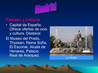 Paisajes y culturas Capital de España. Ofrece ofertas de ocio y cultura. Destaca: El Museo del Prado, Thyssen, Reina Sofía, El Escorial, Alcalá de Henares, Palacio Real de Aranjuez. Madrid La Cibeles 