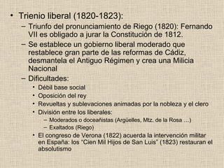 Trienio liberal (1820-1823): Triunfo del pronunciamiento de Riego (1820): Fernando VII es obligado a jurar la Constitución de 1812. Se establece un gobierno liberal moderado que restablece gran parte de las reformas de Cádiz,  desmantela el Antiguo Régimen y crea una Milicia Nacional Dificultades: Débil base social Oposición del rey Revueltas y sublevaciones animadas por la nobleza y el clero División entre los liberales: Moderados o doceañistas (Argüelles, Mtz. de la Rosa …) Exaltados (Riego) El congreso de Verona (1822) acuerda la intervención militar en España: los “Cien Mil Hijos de San Luis” (1823) restauran el absolutismo 