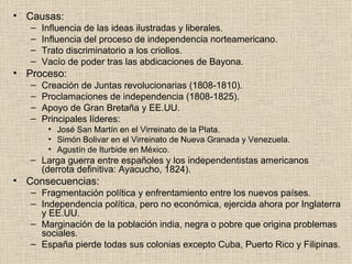 Causas: Influencia de las ideas ilustradas y liberales. Influencia del proceso de independencia norteamericano. Trato discriminatorio a los criollos. Vacío de poder tras las abdicaciones de Bayona. Proceso: Creación de Juntas revolucionarias (1808-1810). Proclamaciones de independencia (1808-1825). Apoyo de Gran Bretaña y EE.UU. Principales líderes: José San Martín en el Virreinato de la Plata. Simón Bolivar en el Virreinato de Nueva Granada y Venezuela. Agustín de Iturbide en México. Larga guerra entre españoles y los independentistas americanos (derrota definitiva: Ayacucho, 1824). Consecuencias: Fragmentación política y enfrentamiento entre los nuevos países. Independencia política, pero no económica, ejercida ahora por Inglaterra y EE.UU. Marginación de la población india, negra o pobre que origina problemas sociales. España pierde todas sus colonias excepto Cuba, Puerto Rico y Filipinas. 