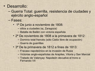 Desarrollo: Guerra Total: guerrilla, resistencia de ciudades y ejército anglo-español Fases: 1ª De junio a noviembre de 1808: sitios a ciudades (ej. Zaragoza) Batalla de Bailén con victoria española 2ª De noviembre de 1808 a la primavera de 1812: Dominio total francés (sólo Cádiz libre de ocupación) Guerra de guerrillas 3ª De la primavera de 1812 a fines de 1813: Fracaso napoleónico en la invasión de Rusia Victorias anglo-españolas de Arapiles, Vitoria y San Marcial Tratado de Valençay: Napoleón devuelve el trono a Fernando VII 