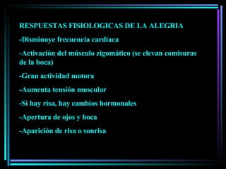 RESPUESTAS FISIOLOGICAS DE LA ALEGRIA -Disminuye frecuencia cardíaca -Activación del músculo zigomático (se elevan comisuras de la boca) -Gran actividad motora -Aumenta tensión muscular -Si hay risa, hay cambios hormonales -Apertura de ojos y boca -Aparición de risa o sonrisa 
