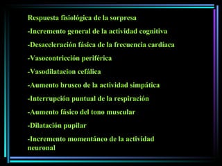 Respuesta fisiológica de la sorpresa -Incremento general de la actividad cognitiva -Desaceleración fásica de la frecuencia cardíaca -Vasocontricción periférica -Vasodilatacion cefálica -Aumento brusco de la actividad simpática -Interrupción puntual de la respiración -Aumento fásico del tono muscular -Dilatación pupilar -Incremento momentáneo de la actividad neuronal 