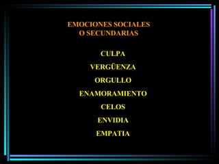CULPA VERGÜENZA ORGULLO ENAMORAMIENTO CELOS ENVIDIA EMPATIA EMOCIONES SOCIALES O SECUNDARIAS 