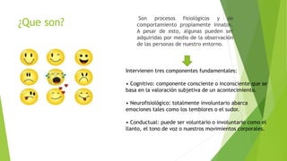 ¿Que son?
Son procesos fisiológicos y de
comportamiento propiamente innatos.
A pesar de esto, algunas pueden ser
adquiridas por medio de la observación
de las personas de nuestro entorno.
Intervienen tres componentes fundamentales:
• Cognitivo: componente consciente o inconsciente que se
basa en la valoración subjetiva de un acontecimiento.
• Neurofisiológico: totalmente involuntario abarca
emociones tales como los temblores o el sudor.
• Conductual: puede ser voluntario o involuntario como el
llanto, el tono de voz o nuestros movimientos corporales.
 