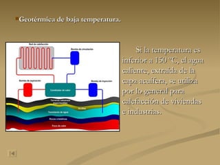 Si la temperatura es inferior a 150 ºC, el agua caliente, extraída de la capa acuífera, se utiliza por lo general para calefacción de viviendas e industrias. Geotérmica de baja temperatura.  