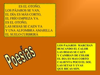 ES EL OTOÑO,  LOS PÁJAROS SE VAN,  EL DÍA ES MÁS CORTO,  EL FRÍO EMPIEZA YA.  ES EL OTOÑO,  LAS HOJAS SE CAEN YA  Y UNA ALFOMBRA AMARILLA  EL SUELO CURBRIRÁ  LOS PAJAROS  MARCHAN BUSCANDO EL CALOR LAS HOJAS SE CAEN Y CAMBIAN DE COLOR EL DIA ES MAS CORTO CALIENTA POCO EL SOL LAS SETAS Y UVAS QUE RICAS SON.   Poesías 