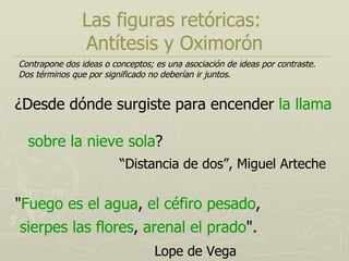 Las figuras retóricas:  Antítesis y Oximorón ¿Desde dónde surgiste para encender  la llama  sobre la nieve sola ? “ Distancia de dos”, Miguel Arteche " Fuego es el agua ,  el céfiro pesado , sierpes las flores ,  arenal el prado ". Lope de Vega Contrapone dos ideas o conceptos; es una asociación de ideas por contraste. Dos términos que por significado no deberían ir juntos. 