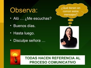 Observa:
                        ¿Qué tienen en
                         común estos
                          mensajes?
• Aló … ¿Me escuchas?
• Buenos días.
• Hasta luego.
• Disculpe señora …



        TODAS HACEN REFERENCIA AL
          PROCESO COMUNICATIVO
 