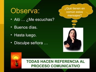 Observa:
                        ¿Qué tienen en
                         común estos
                          mensajes?
• Aló … ¿Me escuchas?
• Buenos días.
• Hasta luego.
• Disculpe señora …



        TODAS HACEN REFERENCIA AL
          PROCESO COMUNICATIVO
 