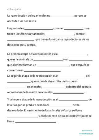 4- Completa
La reproducción de los animales es ________________ porque se
necesitan los dos sexos.
Hay animales ___________________, como el _____________, que
tienen un sólo sexo y animales ____________________, como el
__________________, que tienen los órganos reproductores de los
dos sexos en su cuerpo.
La primera etapa de la reproducción es la ____________________,
que es la unión de un ____________________ y un ________________
que al unirse forman un ______________________ , que después se
convertirá en _________________________.
La segunda etapa de la reproducción es el __________________ del
________________ que se puede desarrollar dentro de un
_____________ en animales ________________ o dentro del aparato
reproductor de la madre en animales _____________________ .
Y la tercera etapa de la reproducción es el ____________________ de
las crías que se produce cuando el ________________ se ha
desarrollado. El nacimiento de los animales ovíparos se llama
_____________________ y el nacimiento de los animales vivíparos se
llama ____________________________ .
Carmen Cañuelo
www.ladislexia.net
 