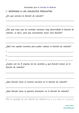 Actividades para la Función de Relación
1- RESPONDE A LAS SIGUIENTES PREGUNTAS.
¿En qué consiste la función de relación?
__________________________________________________________________________________________________
__________________________________________________________________________________________________
¿Por qué crees que los animales tenemos muy desarrollada la función de
relación, es decir, para que necesitamos tener esta función?
__________________________________________________________________________________________________
__________________________________________________________________________________________________
¿Qué tres ayudas tenemos para poder realizar la función de relación?
1 ______________________________________________________________________________________________
2 ______________________________________________________________________________________________
3 _____________________________________________________________________________________________
¿Cuáles son los 5 órganos de los sentidos y qué función tienen en la
función de relación?
__________________________________________________________________________________________________
__________________________________________________________________________________________________
¿Qué función tiene el sistema nervioso en la función de relación?
__________________________________________________________________________________________________
¿Qué función tiene el aparato locomotor en la función de relación?
__________________________________________________________________________________________________
Pon un ejemplo de una función de relación.Como el de los dibujos de la explicación.
Carmen Cañuelo
www.ladislexia.net
 