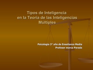 Tipos de Inteligencia  en la Teoría de las Inteligencias Múltiples Psicología 3° año de Enseñanza Media Profesor marco Parada 