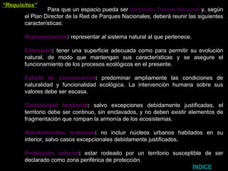 Para que un espacio pueda ser  declarado Parque Nacional  y, según el Plan Director de la Red de Parques Nacionales, deberá reunir las siguientes características: Representación :  representar al sistema natural al que pertenece.  Extensión :  tener una superficie adecuada como para permitir su evolución natural, de modo que mantengan sus características y se asegure el funcionamiento de los procesos ecológicos en el presente.  Estado de conservación :  predominar ampliamente las condiciones de naturalidad y funcionalidad ecológica. La intervención humana sobre sus valores debe ser escasa.  Continuidad territorial :  salvo excepciones debidamente justificadas, el territorio debe ser continuo, sin enclavados, y no deben existir elementos de fragmentación que rompan la armonía de los ecosistemas.  Asentamientos humanos :  no incluir núcleos urbanos habitados en su interior, salvo casos excepcionales debidamente justificados.  Protección exterior :  estar rodeado por un territorio susceptible de ser declarado como zona periférica de protección.  “ Requisitos” ÍNDICE 