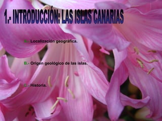1.- INTRODUCCIÓN: LAS ISLAS CANARIAS A.-   Localización geográfica. B.-   Origen geológico de las islas. C.-   Historia. 