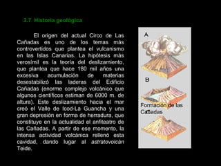 3.7  Historia geológica El origen del actual Circo de Las Cañadas es uno de los temas más controvertidos que plantea el vulcanismo en las Islas Canarias. La hipótesis más verosímil es la teoría del deslizamiento, que plantea que hace 180 mil años una excesiva acumulación de materias desestabilizó las laderas del Edificio Cañadas (enorme complejo volcánico que algunos científicos estiman de 6000 m. de altura). Este deslizamiento hacia el mar creó el Valle de Icod-La Guancha y una gran depresión en forma de herradura, que constituye en la actualidad el anfiteatro de las Cañadas. A partir de ese momento, la intensa actividad volcánica rellenó esta cavidad, dando lugar al  astratovolcán  Teide.  Formación de las Cañadas 