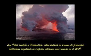 Las Islas Isabela y Fernandina, están todavía en proceso de formación,
habiéndose registrado la erupción volcánica más reciente en el 2009.
 