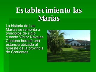 Establecimiento las Marías La historia de Las Marías se remonta a principios de siglo, cuando Víctor Navajas Centeno heredó una estancia ubicada al noreste de la provincia de Corrientes.  