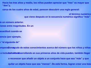 Hacia los tres años y medio, los niños pueden apreciar que “tres” es mayor que
   “dos”y,
   cerca de los cuatro años de edad, parecen descubrir una regla general:

                                                               el término numérico
                         que viene después en la secuencia numérica significa “más”

de un número anterior.
ciones entre magnitudes. En un

exactitud cuando se

uencia (por ejemplo,

n “el siguiente de”

omparaciones
      Con ayuda de estos conocimientos acerca del número que los niños y niñas

 e incluso hastadesarrollando en sus primeros años de vida pueden, también llegar
        han ido el

        a reconocer que añadir un objeto a un conjunto hace que sea “más” y que

        quitar un objeto hace que sea “menos”. De esta forma, logran crear una base
 
