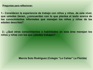 Preguntas para reflexionar:


1.- Consideren la experiencia de trabajo con niños y niñas, de este nivel,
que ustedes tienen, ¿concuerdan con lo que plantea el texto acerca de
los conocimientos informales que manejan los niños y niñas de las
edades descritas?


 2.- ¿Qué otros conocimientos o habilidades en esta área manejan los
niños y niñas con los que ustedes trabajan?




               Marcia Soto Rodríguez (Colegio “Lo Cañas” La Florida)
 
