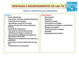 Ventajas Interés. Motivación. . - Interacción. Continua actividad intelectual. - Desarrollo de la iniciativa.  - Aprendizaje a partir de los errores - Mayor comunicación entre profesores y alumnos.  - Aprendizaje cooperativo.  - Alto grado de interdisciplinariedad.  - Alfabetización digital y audiovisual - Desarrollo de habilidades de búsqueda y selección de información.  - Mejora de las competencias de expresión y creatividad . - Fácil acceso a mucha información de todo tipo.  - Visualización de simulaciones.  Inconvenientes - Distracciones . - Dispersión .  - Pérdida de tiempo.  - Informaciones no fiables .  - Aprendizajes incompletos y superficiales.  - Diálogos muy rígidos.  - Visión parcial de la realidad.   - Ansiedad.  - Dependencia de los demás.   VENTAJAS E INCONVENIENTES DE LAS TIC   DESDE LA PERSPECTIVA DEL APRENDIZAJE 