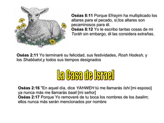 Oséas 2:16  "En aquel día, dice  YAHWEH  tú me llamarás  Ishi  [mi esposo] ya nunca más me llamarás  baali  [mi señor]   Oséas 2:17  Porque Yo removeré de tu boca los nombres de los  baalim ; ellos nunca más serán mencionados por nombre Oséas 2:11  Yo terminaré su felicidad, sus festividades,  Rosh Hodesh,  y los  Shabbatot ,y todos sus tiempos designados La Casa de Israel Oséas 8:11  Porque Efrayim ha multiplicado los altares para el pecado, sí;los altares son pecaminosos para él. Oséas 8:12  Yo le escribo tantas cosas de mi  Toráh  sin embargo, él las considera extrañas. 
