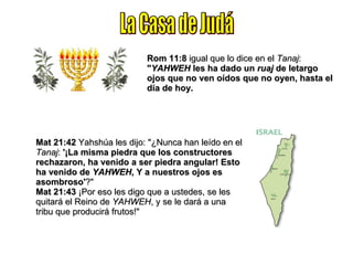La Casa de Judá Rom 11:8  igual que lo dice en el  Tanaj :  " YAHWEH  les ha dado un  ruaj  de letargo ojos que no ven oídos que no oyen, hasta el día de hoy. Mat 21:42  Yahshúa les dijo: "¿Nunca han leído en el  Tanaj :  '¡La misma piedra que los constructores rechazaron, ha venido a ser piedra angular! Esto ha venido de  YAHWEH , Y a nuestros ojos es asombroso' ?" Mat 21:43  ¡Por eso les digo que a ustedes, se les quitará el Reino de  YAHWEH , y se le dará a una tribu que producirá frutos!" 