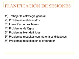 PLANIFICACIÓN DE SESIONES 1ª) Trabajar la estrategia general 2ª) Problemas mal definidos 3ª) Invención de problemas 4ª) Problemas de lógica 5ª) Problemas bien definidos 6ª) Problemas resueltos con materiales didácticos 7ª) Problemas resueltos en el ordenador 