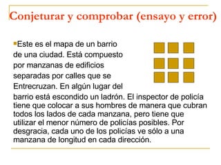 Conjeturar y comprobar (ensayo y error)   Este es el mapa de un barrio  de una ciudad. Está compuesto por manzanas de edificios  separadas por calles que se  Entrecruzan. En algún lugar del barrio está escondido un ladrón. El inspector de policía tiene que colocar a sus hombres de manera que cubran todos los lados de cada manzana, pero tiene que utilizar el menor número de policías posibles. Por desgracia, cada uno de los policías ve sólo a una manzana de longitud en cada dirección. 