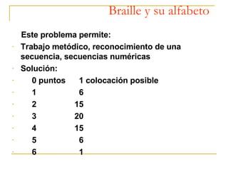 Braille y su alfabeto <ul><li>Este problema permite: </li></ul><ul><li>Trabajo metódico, reconocimiento de una secuencia, ...